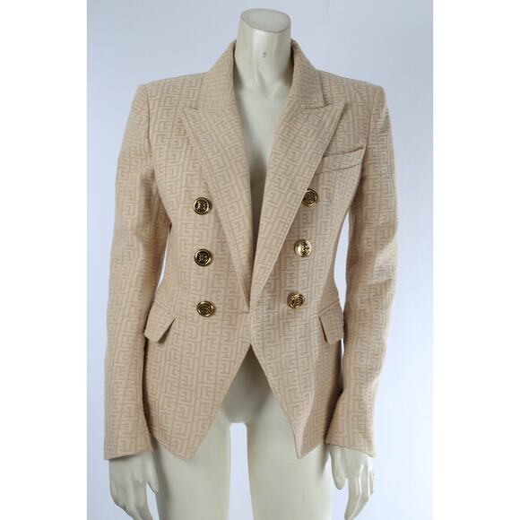Balmain Beige Logo Jacquard Cotton Twill Double Breasted Blazer Jacket Size 40 - Picture 6 of 16